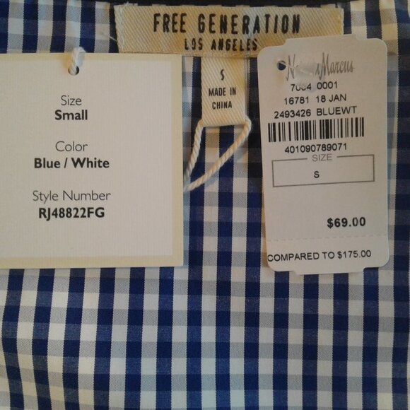 Free Generation Blue & White Gingham Print Top with Ruffle Tie Sleeves - Picture 7 of 8